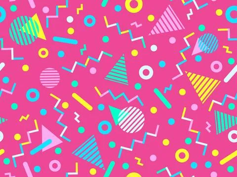 Geometric seamless pattern with memphis elements in 80s style. Colorful pat.. Stock Illustration