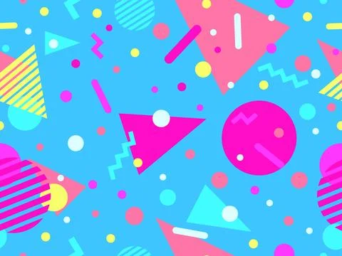 Geometric seamless pattern with memphis elements in 80s style. Colorful pat.. Illustrazione stock