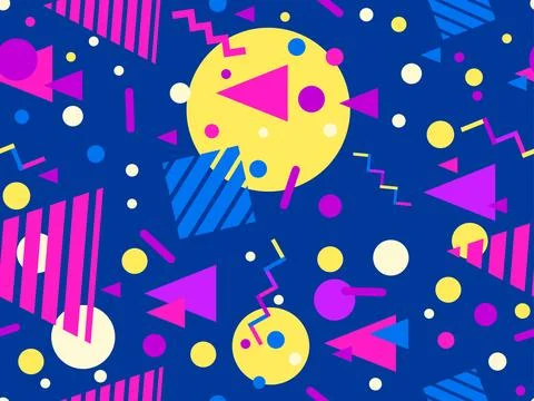 Geometric seamless pattern with memphis elements in 80s style. Colorful pat.. 스톡 일러스트