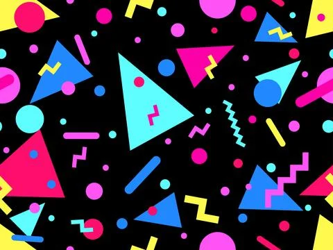 Geometric seamless pattern with memphis elements in 80s style. Colorful pat.. Stock Illustration