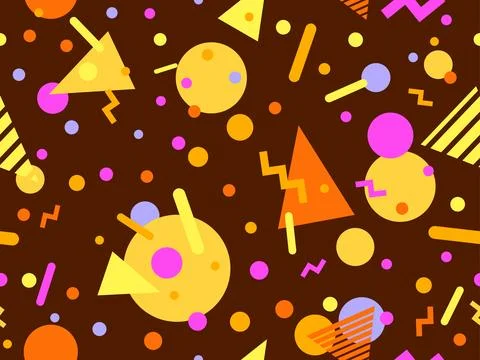 Geometric seamless pattern with memphis elements in 80s style. Colorful pat.. Illustrazione stock