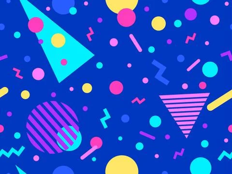 Geometric seamless pattern with memphis elements in 80s style. Colorful pat.. Stock Illustration