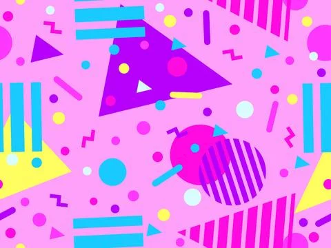 Geometric seamless pattern with memphis elements in 80s style. Colorful pat.. Illustrazione stock