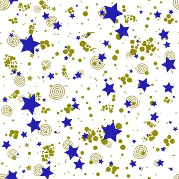 Geometric seamless pattern in memphis style, abstract gold circles, stars, sp Stock Illustration