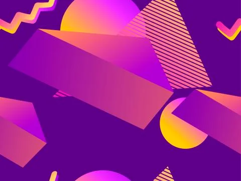 Geometric seamless pattern in memphis style of the 80s. Fluid gradient shapes Stock Illustration