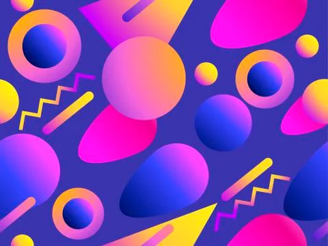 Geometric seamless pattern in memphis style of the 80s. Fluid gradient shapes Stock Illustration