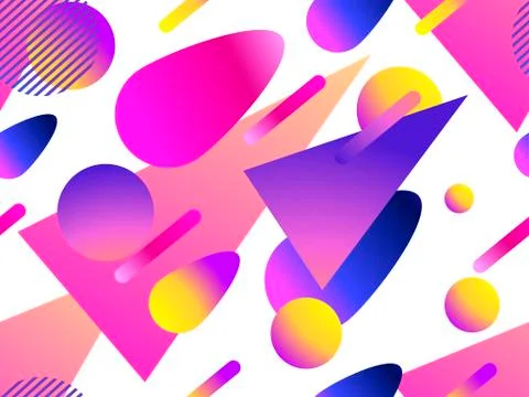 Geometric seamless pattern in memphis style of the 80s. Fluid gradient shapes 库存插图
