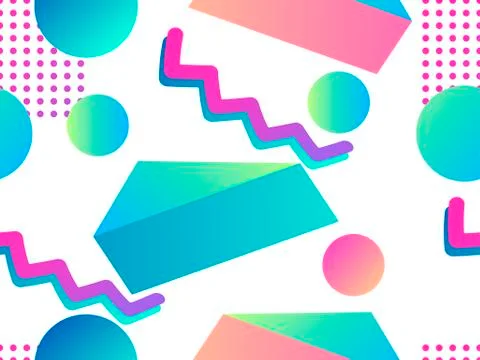 Geometric seamless pattern in memphis style of the 80s. Fluid gradient shapes Stock Illustration