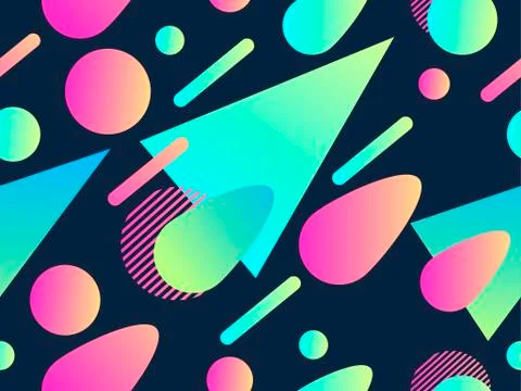 Geometric seamless pattern in memphis style of the 80s. Fluid gradient shapes Stockillustratie