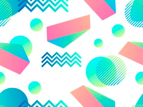 Geometric seamless pattern in memphis style of the 80s. Fluid gradient shapes Illustrazione stock