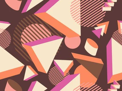 Geometric seamless pattern in memphis style with 3d geometric shapes Stock Illustration