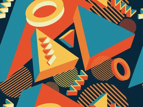 Geometric seamless pattern in memphis style with 3d geometric shapes Stock Illustration