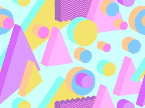 Geometric seamless pattern in memphis style with 3d geometric shapes Stock Illustration