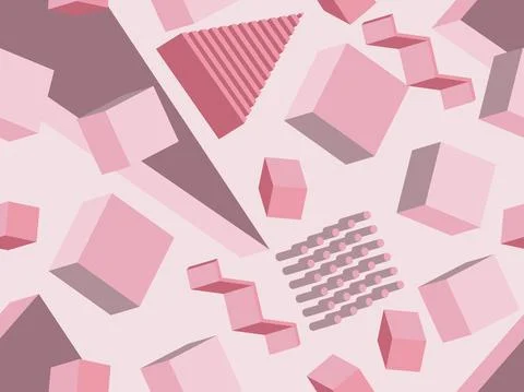 Geometric seamless pattern in memphis style with 3d geometric shapes Stock Illustration