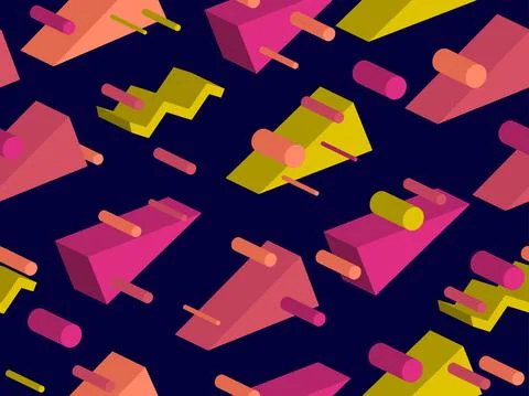 Geometric seamless pattern in memphis style with 3d geometric shapes. Stock-Illustration