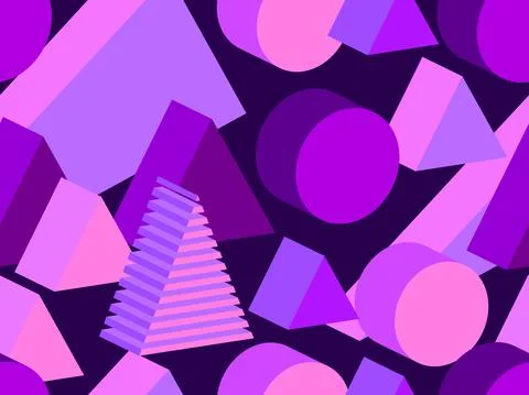 Geometric seamless pattern in memphis style with 3d geometric shapes Stock Illustration