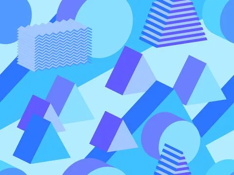 Geometric seamless pattern in memphis style with 3d geometric shapes Stock Illustration