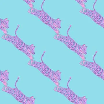 Geometric seamless pattern with pink tiger doodle print. Blue bright backgrou Stock Illustration