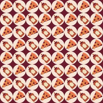 Geometric seamless pattern with pizza and sauce bottles in circles on burgund Stock Illustration