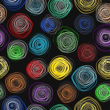 Geometric seamless pattern with rainbow spiral circles one line. Retro 80s Stock Illustration