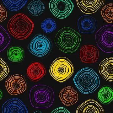 Geometric seamless pattern with rainbow spiral circles one line. Retro 80s Stock Illustration