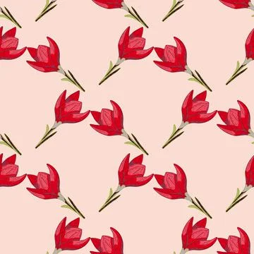 Geometric seamless pattern with red crocus flowers elements ornament. Light p Stockillustratie