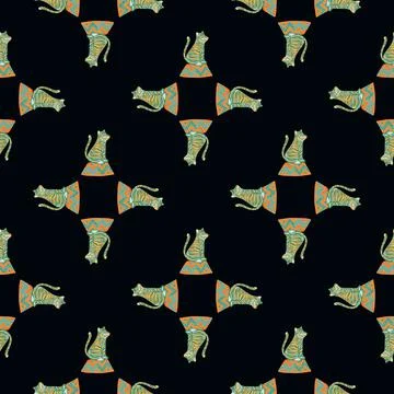 Geometric seamless pattern with simple green tiger shapes. Black background.  스톡 일러스트