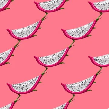 Geometric seamless pattern with slice red dragon fruit on bright background. Illustrazione stock