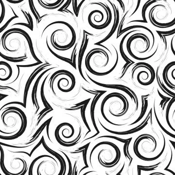 Geometric seamless pattern of smooth black waves of spirals and curls on a white Stock-Illustration