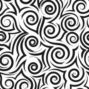Geometric seamless pattern of smooth black waves of spirals and curls on a white Stock Illustration