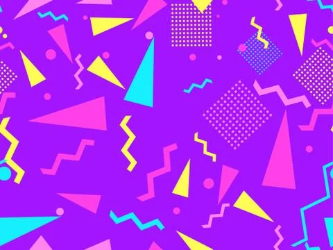 Geometric seamless pattern in style of the 80s. Zigzags and triangles, dots Illustrazione stock