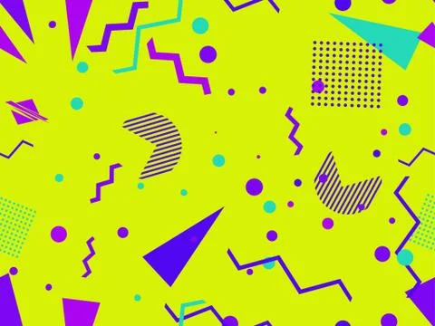 Geometric seamless pattern in style of the 80s. Zigzags and triangles, dots Illustrazione stock
