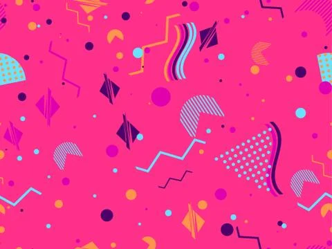 Geometric seamless pattern in style of the 80s. Zigzags and triangles, dots Illustrazione stock