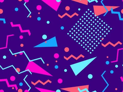Geometric seamless pattern in style of the 80s. Zigzags and triangles, dots Illustrazione stock
