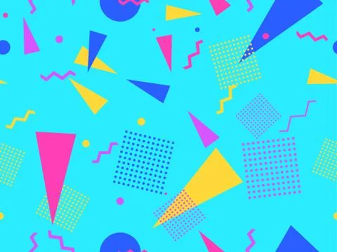Geometric seamless pattern in style of the 80s. Zigzags and triangles, dots Illustrazione stock