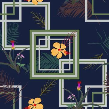 Geometric seamless pattern with tropical flowers and leaves on navy blue back Stock Illustration