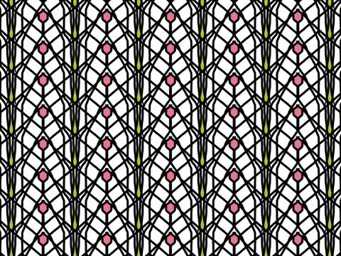 Geometric seamless pattern with vertical line art lattice and colorful accents. Stock Illustration