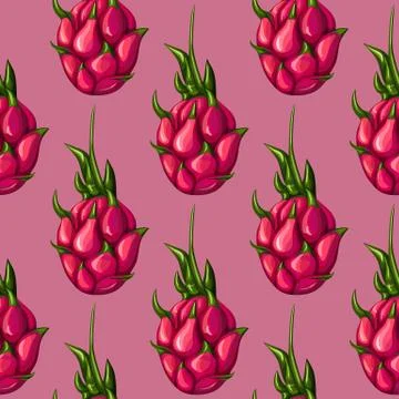 Geometric seamless pattern with whole red dragon fruit. Exotic tropical pitay Stock Illustration