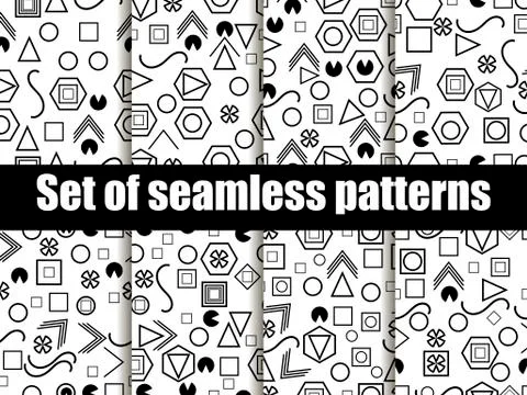 Geometric seamless patterns in the Memphis style. Vector illustration. Illustrazione stock