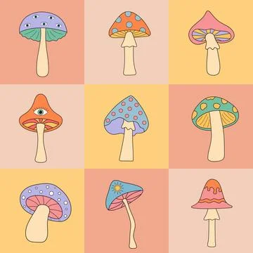 Geometric seamless square pattern with retro groovy hippie mushrooms. Illustrazione stock