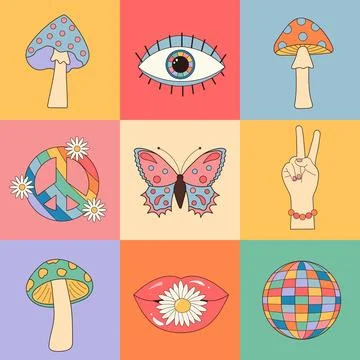 Geometric seamless square pattern with retro groovy hippie icons. Stock Illustration