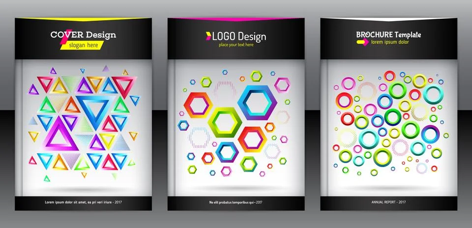 Geometric set of hexagon, triangle and round shapes brochure background. Stock Illustration
