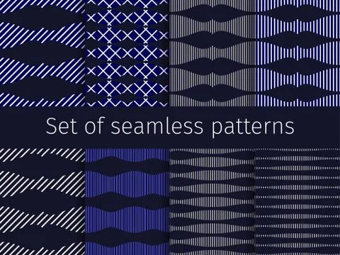 Geometric set of seamless patterns with striped shapes.  Linear ornament for  Stock Illustration