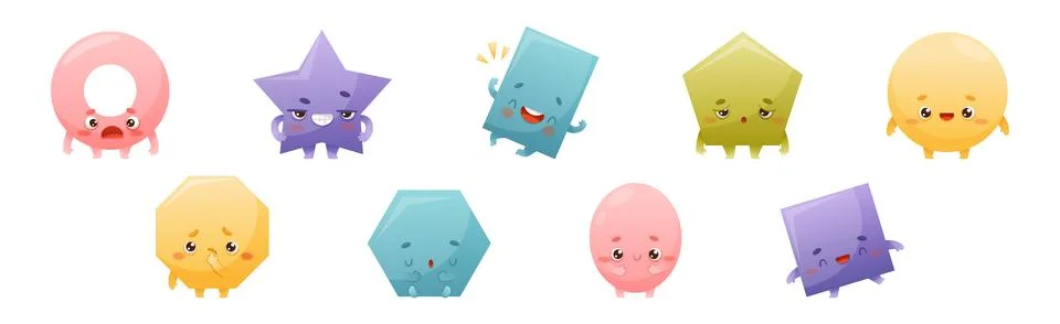 Geometric Shape Character with Different Face Expression and Emotion Vector Set Stock Illustration