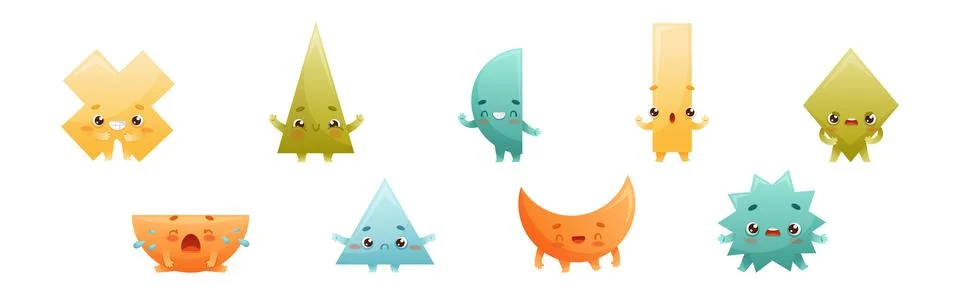 Geometric Shape Character with Different Face Expression and Emotion Vector Set Stock Illustration
