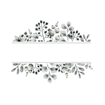 Geometric shape frame, gray leaves of branches and flowers, freehand drawing Stock Illustration