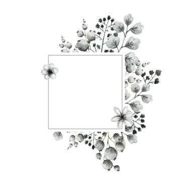 Geometric shape frame, gray leaves of branches and flowers, freehand drawing in Stock Illustration