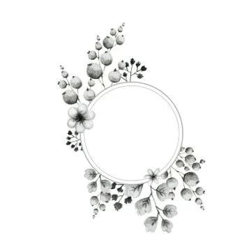 Geometric shape frame, gray leaves of branches and flowers, freehand drawing in Stock Illustration