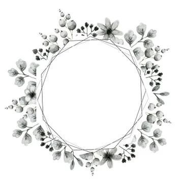 Geometric shape frame, gray leaves of branches and flowers, freehand drawing in Stock Illustration