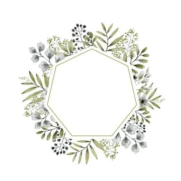 Geometric shape frame, green and gray leaves branches and flowers, freehand d Stock Illustration